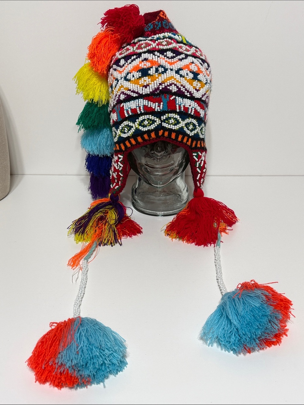 Handmade Peruvian Beaded Alpaca Tassle Earflaps Hat Beanie